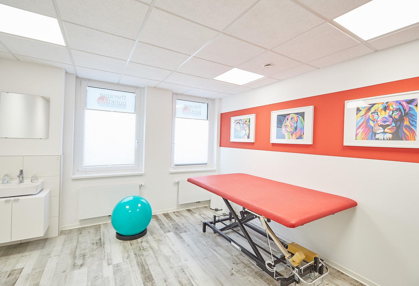 rote Therapieliege und türkiser Gymnastikball